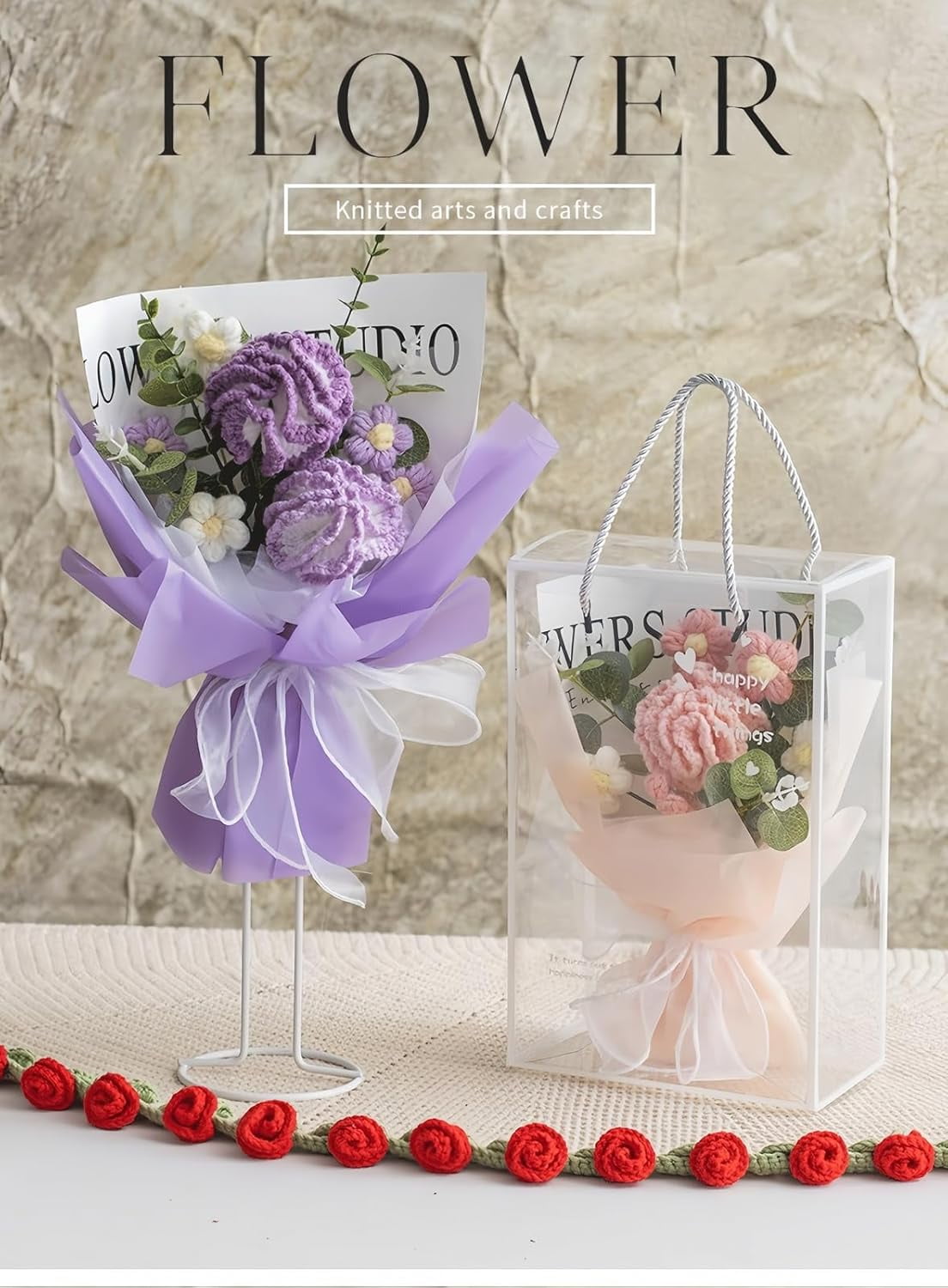Handmade Crochet Flower Bouquet in Large 3 Flowers - Knitted Tulips & Roses in Multiple Colors, Faux Knitted Flower Arrangement for Home Decor, Weddings, Birthdays, Anniversaries, Graduation Gifts