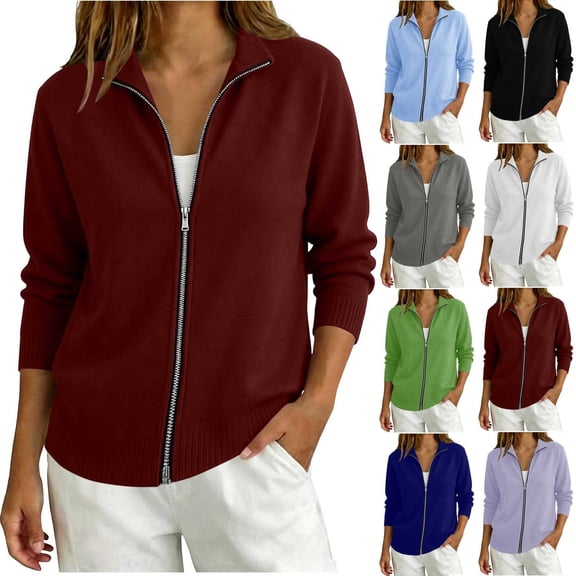 Zxlsdmn Zip Up Cardigan Sweater for Women Comfy Stand Collar Cardigans Casual Long Sleeve Solid Color Jacket Sweaters Fashion Fall Winter Clothes M
