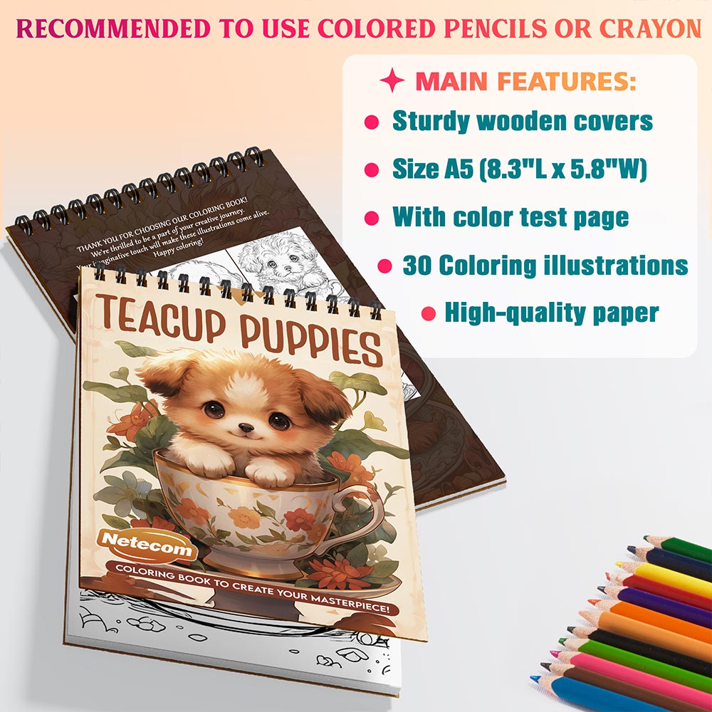 Netecom Teacup Puppies Coloring Book Spiral Bound for Adults, A5 Wooden Cover, 30 Adorable Puppies in Cute Teacups Coloring Pages for Stress Relief and Relaxation