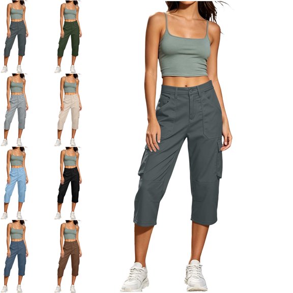 MLCDZ Womens Cargo Capris Lightweight Elastic Waist Hiking Capri Pants Multiple Pockets Quick Dry Casual Outdoor Trip Loose Cropped Trousers