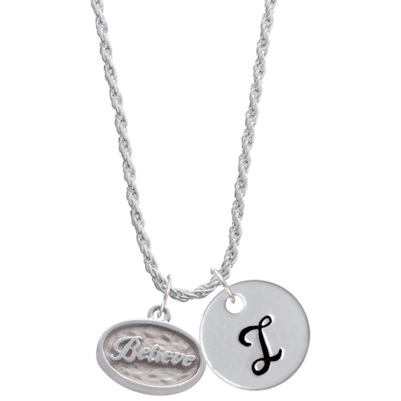 Delight Jewelry Silvertone Believe - Oval Seal Silvertone Script Initial Disc - I - Charm Necklace, 20"+3"