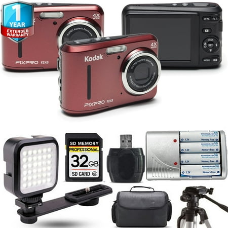 Kodak PIXPRO FZ43 Digital Camera (Red) + Extra Battery + LED +1 Yr Warranty