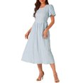 thumbnail image 2 of INSPIRE CHIC Women's Dress Summer Puff Sleeve Round Neck Solid Textured Flare Dresses M Sky Blue, 2 of 5