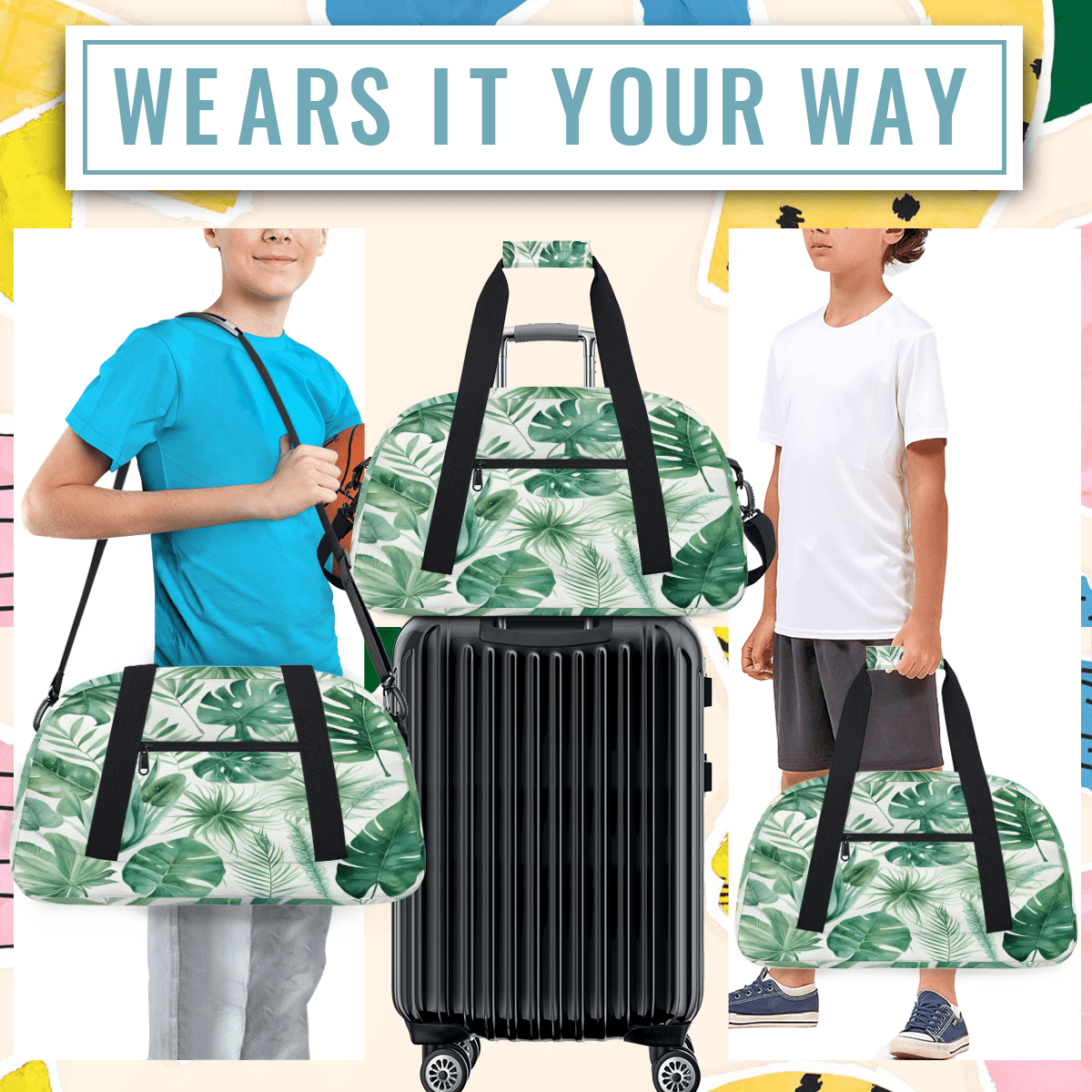 Herdesigns Green Leaves Sports Duffle Bag for Women & Men, Green Palm Monstera Leaf Gym Bag Dance Bag Overnight Bag Carry On Weekender Travel Bag