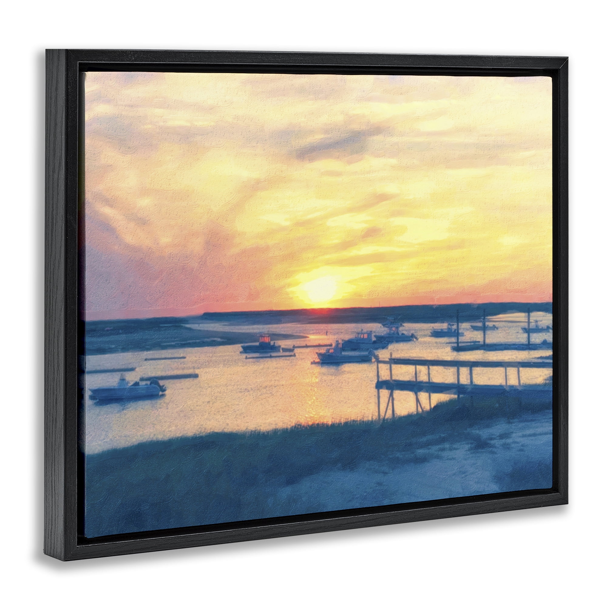 Stupell Industries Boats Illuminated at Sunset Landscape & Nature Painting Black Floater Framed Canvas Art Print Wall Art, 21 x 17