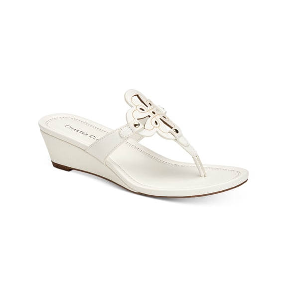 CHARTER CLUB Womens White Cutout Medallion T-Strap Penelope Almond Toe Wedge Slip On Thong Sandals 9.5 M