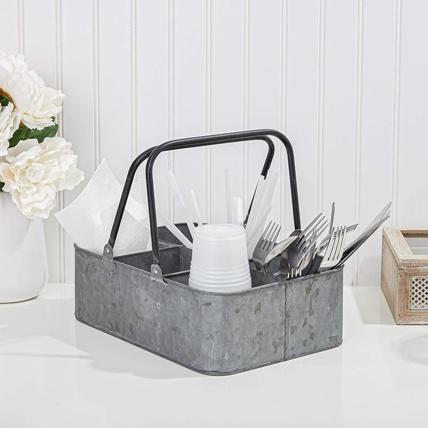 Oval Comfortable Handle HC Elegant Home Galvanized Flatware Caddy Organizer for Kitchen Counter-top/Outdoor Storage Dining Table
