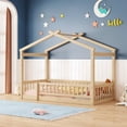 thumbnail image 1 of Tamaño doble cama de madera casa cama marco con cerca, para niños, adolescentes, niñas, niños, 1 of 5