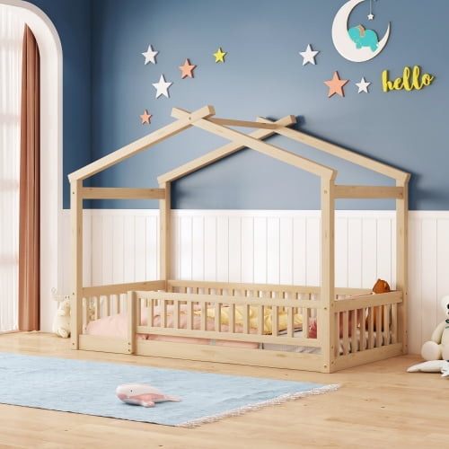 Tamaño doble cama de madera casa cama marco con cerca, para niños, adolescentes, niñas, niños