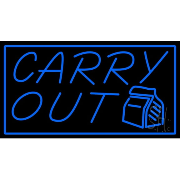 Blue Carry Out LED Neon Sign 20 x 37 - inches, Black Square Cut Acrylic Backing, with Dimmer - Bright and Premium built indoor LED Neon Sign for restaurant window and interior decor.