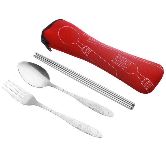 Ensemble de 4 Pcs en Acier Inoxydable, Vaisselle de Qualité Supérieure Portable à Motifs, Fourchette Cuillère Baguettes, Ensemble de Vaisselle avec Sac de Rangement (Rouge)