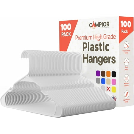 White plastic hangers 100 Pack&ndash; Heavy-Duty Plastic Hangers Slim and Space-Saving Hangers, Durable & Lightweight PP Hangers with Non-Slip Shoulder Notches for Slip Dresses, Suits, Jackets & Camisoles