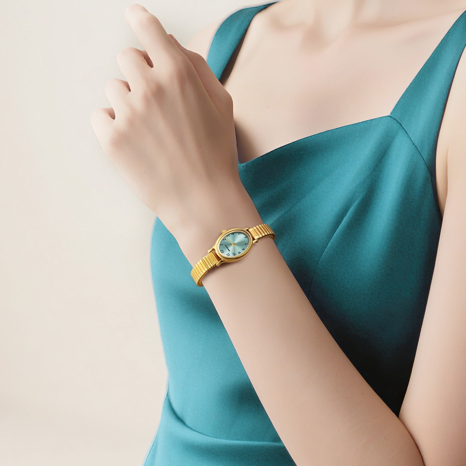 BERNY Small Gold Watches for Women, Dainty Luxury Oval Dial, Expansion Band Watch, Fashion Ladies Analog Quartz Watch, Waterproof Women Wristwatch Gifts, Light Blue