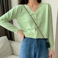 thumbnail image 6 of Women Solid Color Long Sleeve V Neck Cardigan Sweater Buttons Short Knitwear, 6 of 7
