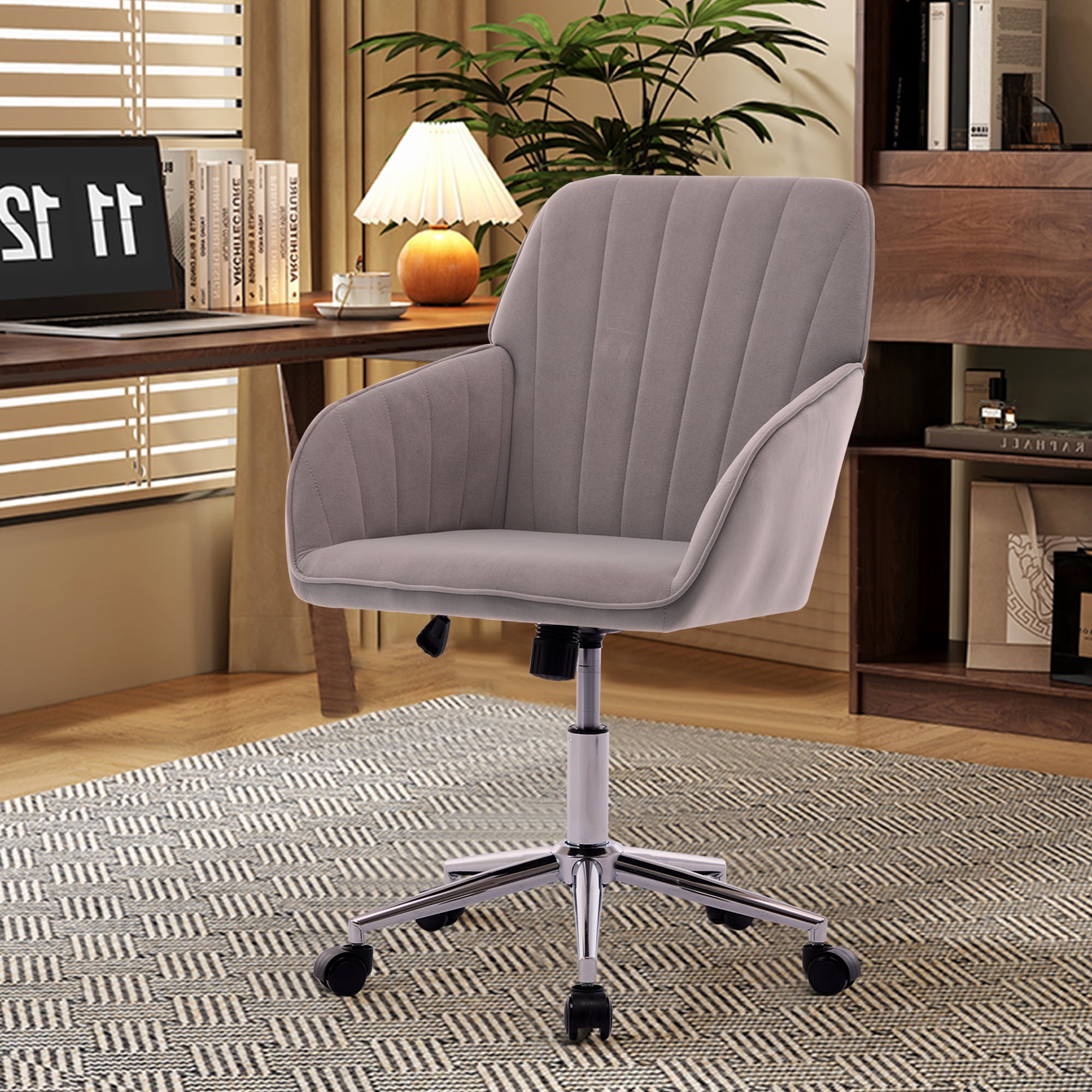 Ergonomic Office Chair with Adjustable Height，Velvet Swivel Desk Chair with Lumbar Support and Memory Foam Seat，Gray Home Office Chair for Long Sitting Comfort