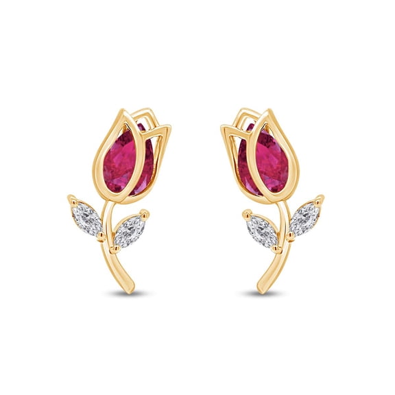 Pear & Marquise Shape Simulated Ruby & White Cubic Zirconia Stud Earrings In 14k Yellow Gold Over Sterling Silver