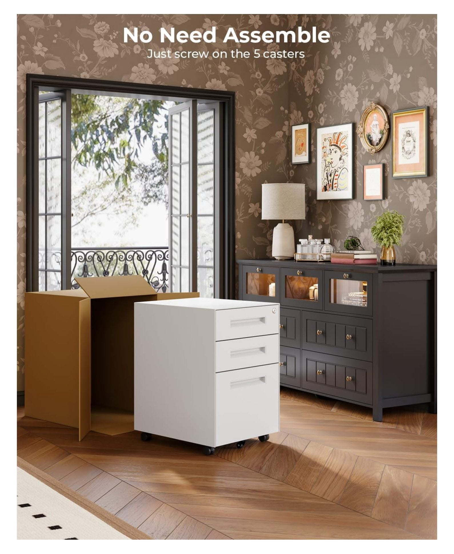 3 Drawer White File Cabinet, Mobile Under Desk Storage File Cabinet with Lock on Wheels, Fully Assembled, Letter/Legal Size, Small Short Vertical Metal Rolling Filing Cabinets for Home Office