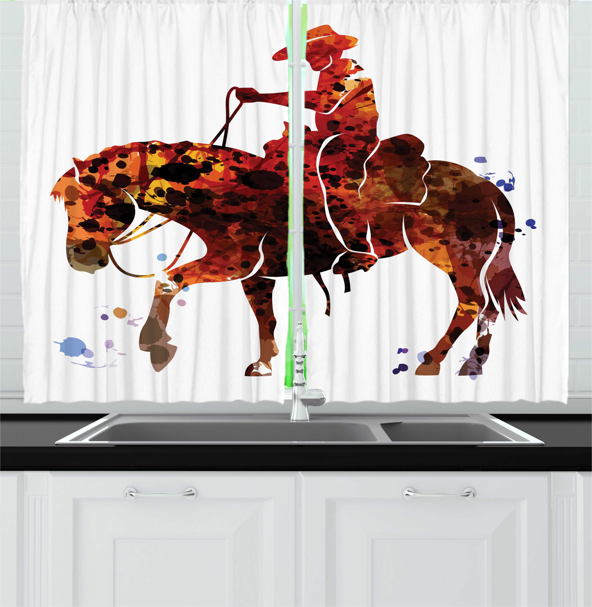 Western Horse Kitchen Curtains, Watercolor Cowboy Silhouette Doing Horseback Riding in Wild West
