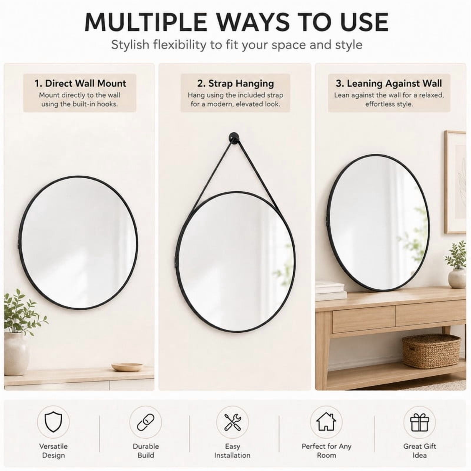 Easy4Home 20" Round Bathroom Mirror Vanity Mirror Wall Mounted with Leather Hanging Strap, Black