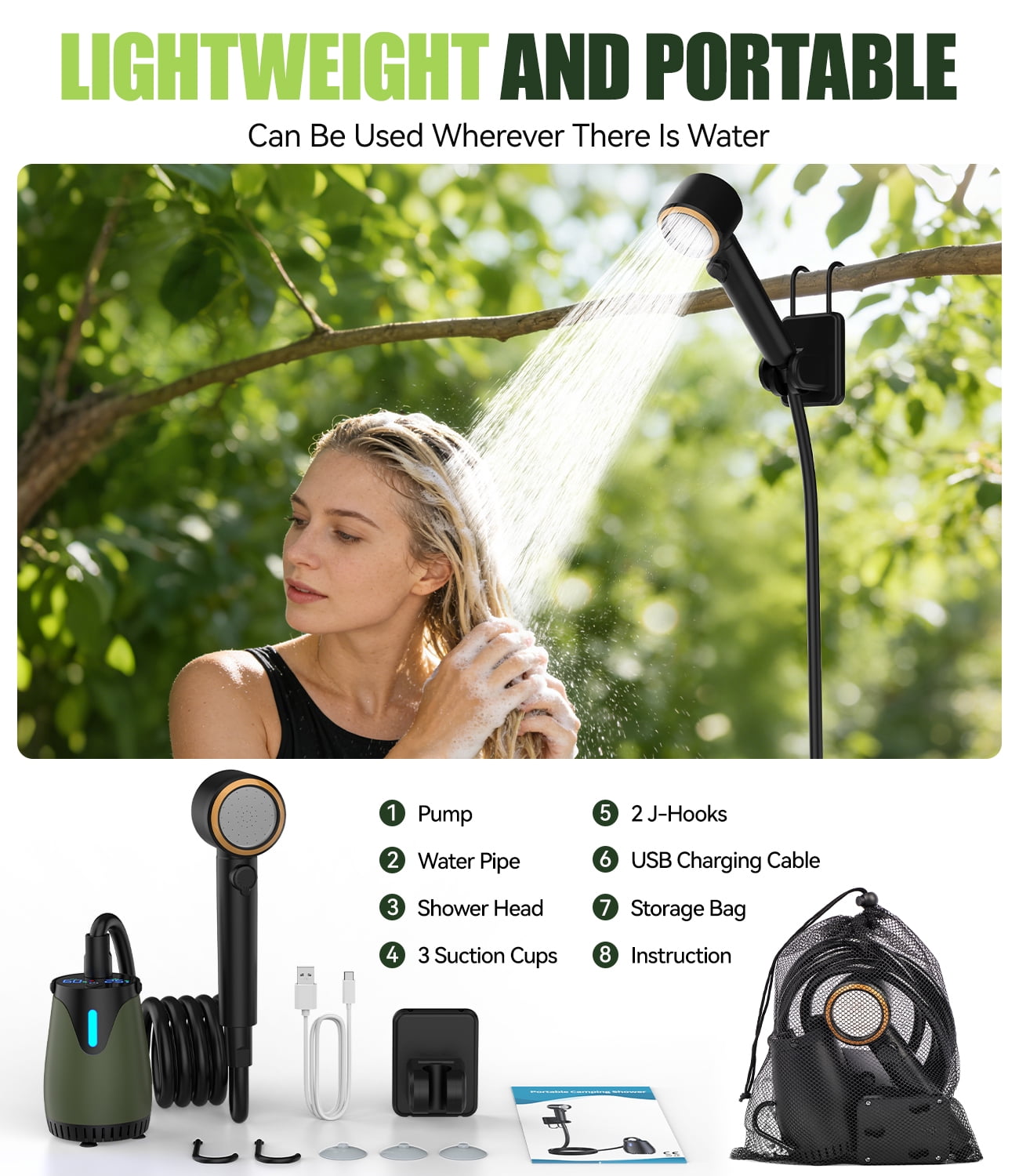 Portable Shower - 8000mAh Rechargeable Camping Shower Pump with Intelligent LED Display & Filtered Shower Head, IPX7 Waterproof Outdoor Camp Shower Pump for Hiking, RV, Travel, Car, Pet
