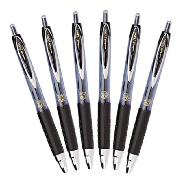 uni-ball signo 207 retractable gel pen, 0.38mm ultra-micro point, black, pack of 6