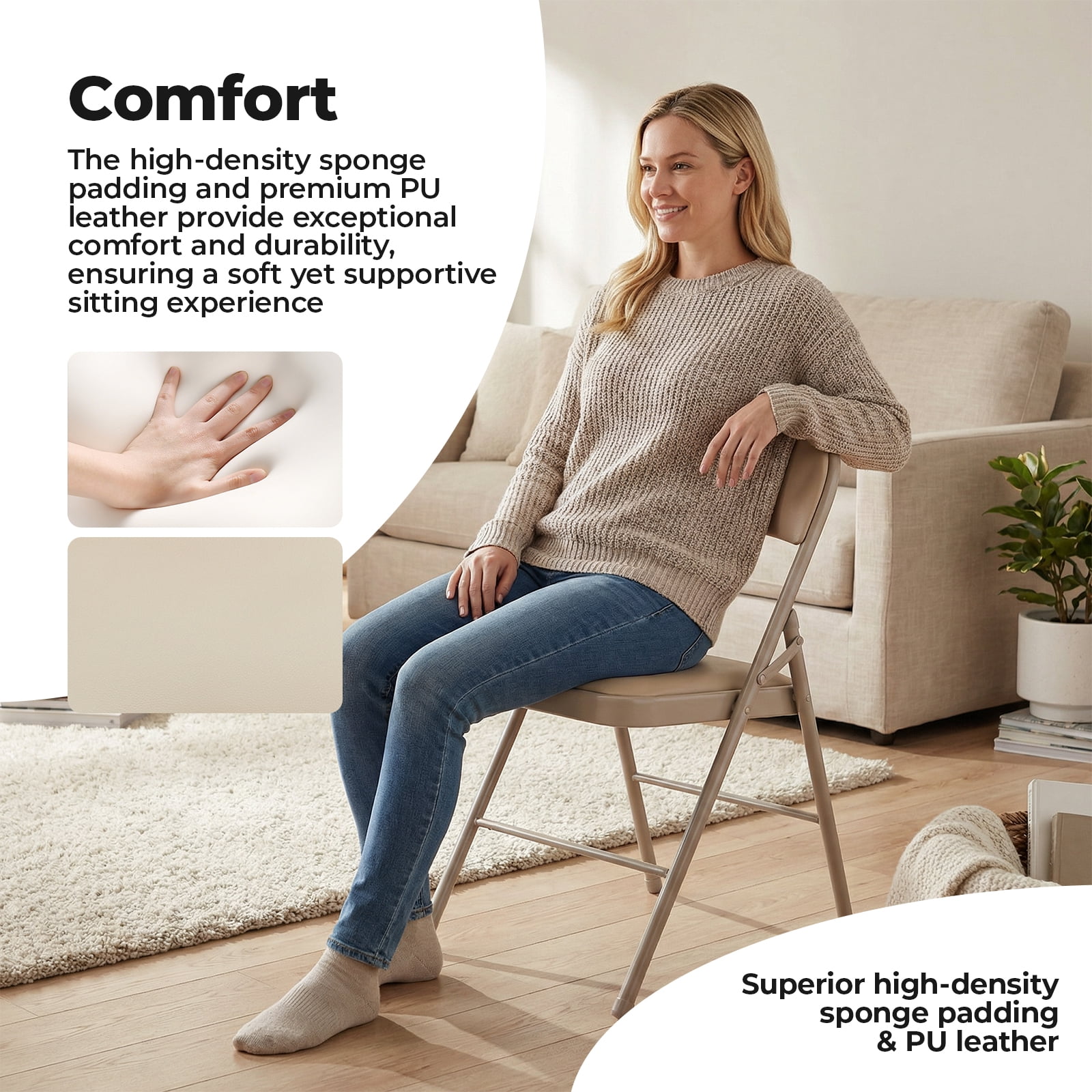 Alvantor Folding Chairs 2-Pack/4-Pack, Padded PU Leather Seat, Heavy Duty,Black/Khaki