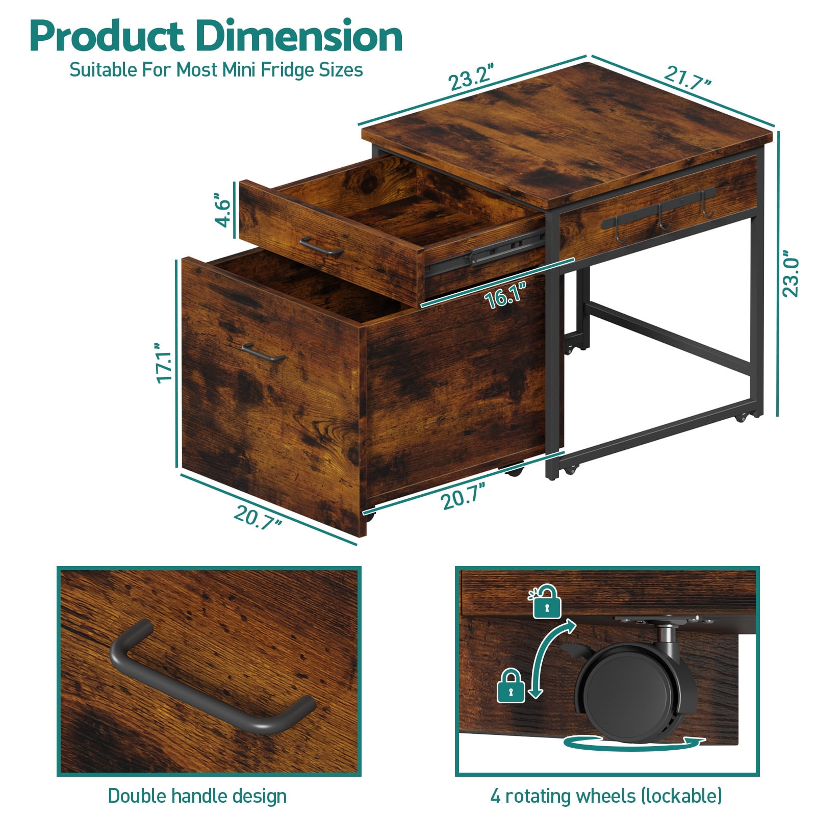 Advwin Heavy Duty Mini Fridge Stand with Storage, Mini Refrigerator Cart with Rolling Cabinet, Drawer & Lockable Wheels, Beverage Fridge Table for Dorm Home Office Bedroom, Rustic Brown