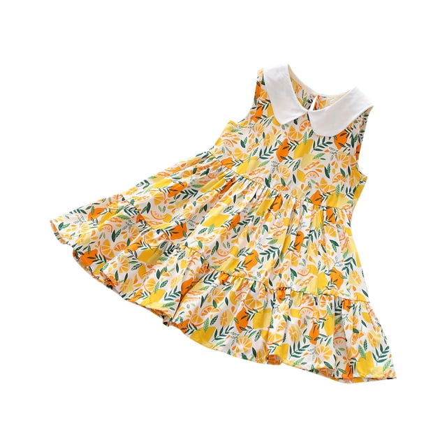 Penkiiy Robe Sans Manches Mignonne à Volants Imprimé Fleuri pour Filles Bébés Enfants Mode Décontractée for Filles 9-10 Ans Jaune sur Clearance