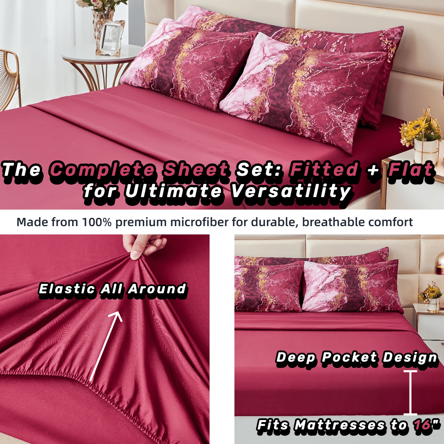PERFEMET Burgundy Full Size Comforter Set for Women Men 6-Piece Marble Bed in a Bag Bedding Comforter Set for All Season