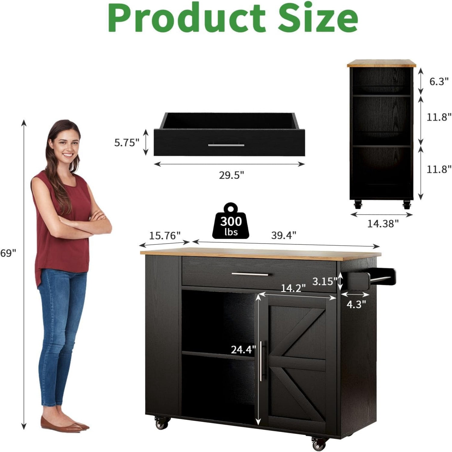 DreamCurship 39" Kitchen Island Cart with Storage, Kitchen Cart Island on Wheels, Rolling Kitchen Island with Spice Rack & Towel Rack, Island Table for Kitchen, Black