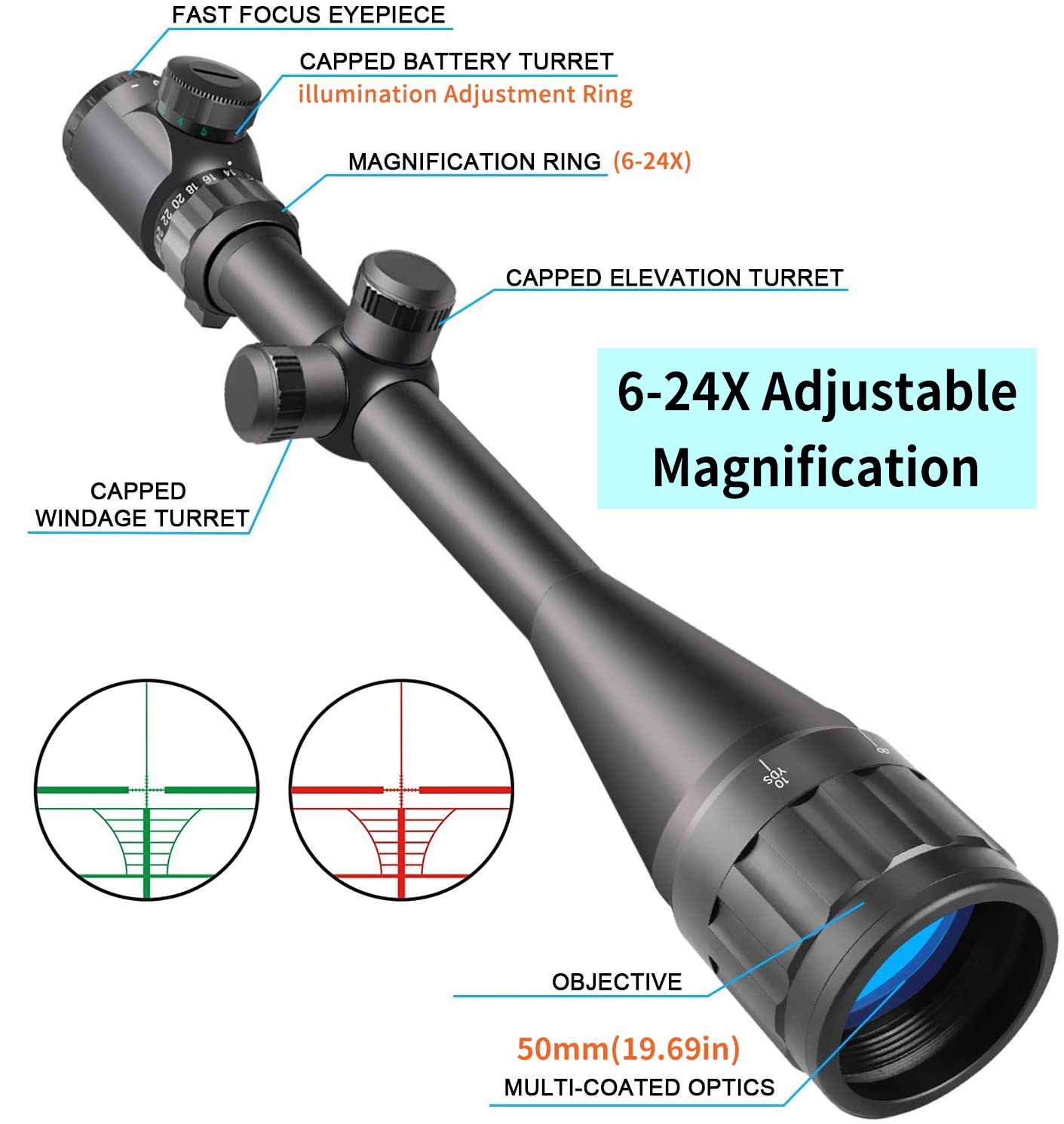 CVLIFE 6-24x50 AOE Hunting Rifle Scope – Red/Green Dual Illuminated Rangefinder Reticle
