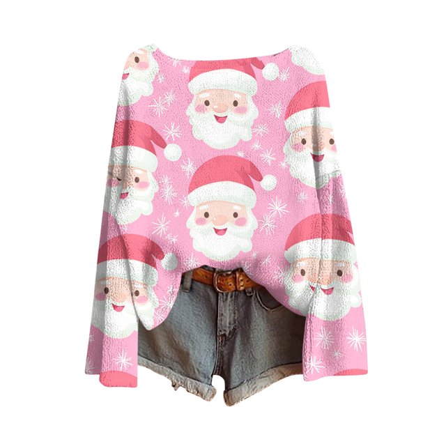 Blusas y camisas de manga larga con cuello redondo Camisa para niños Camisa de manga larga con estampado navideño Cuello redondo Top corto holgado de moda Top de poliéster para niña