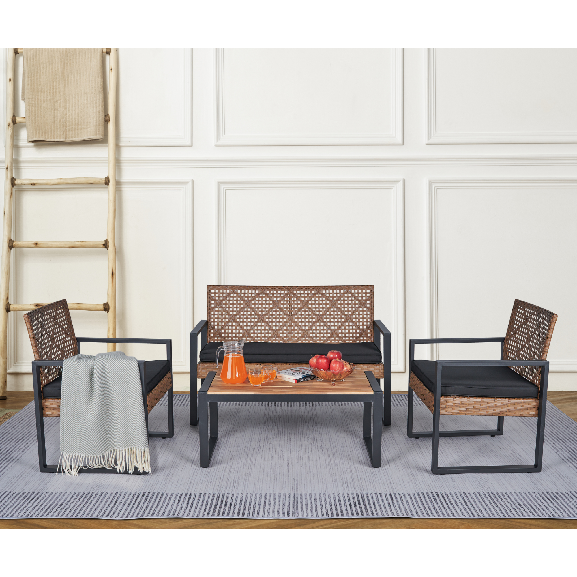 Patio Furniture Set for 4, Rattan Outdoor  Conversation Set with Wood Table, Brown PE Wicker Porch Sofa Set with Cushions, Porch Deck Poolside Furniture, Max 705LBS