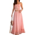 thumbnail image 2 of Women'S Skirt Sets 2 Piece Outfits Contrast Trim Ruffle Hem Tops and Maxi Skirt Vacation Set Pink L, 2 of 10