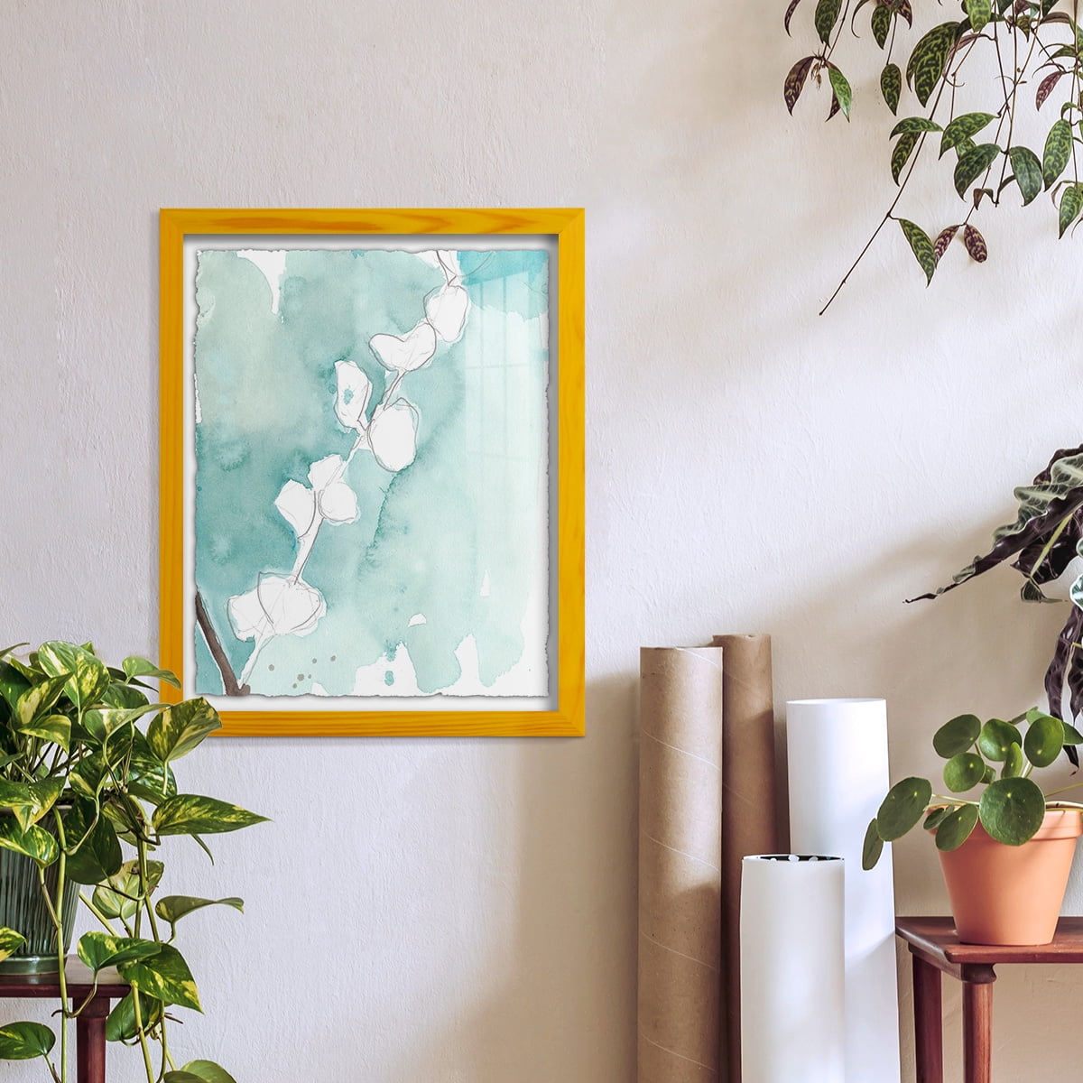Ginkgo on Dusty Teal V - Framed Print w/glass - Sunflower Yellow