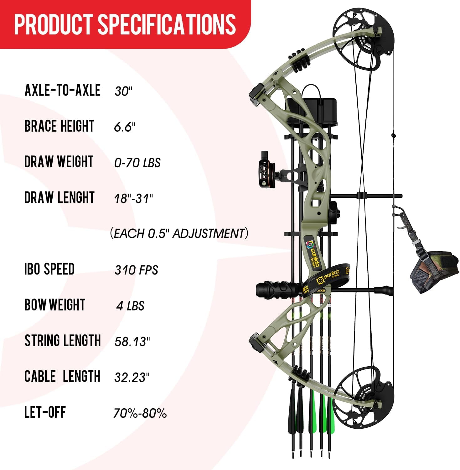 Sanlida Dragon X9 Ready to Hunt Compound Bow Package for Adults, Archery Compound Bow and Arrow Set, 0-70 Lbs Draw Weight, No Bow Press Needed, Limited Life-time Warranty (Desert)