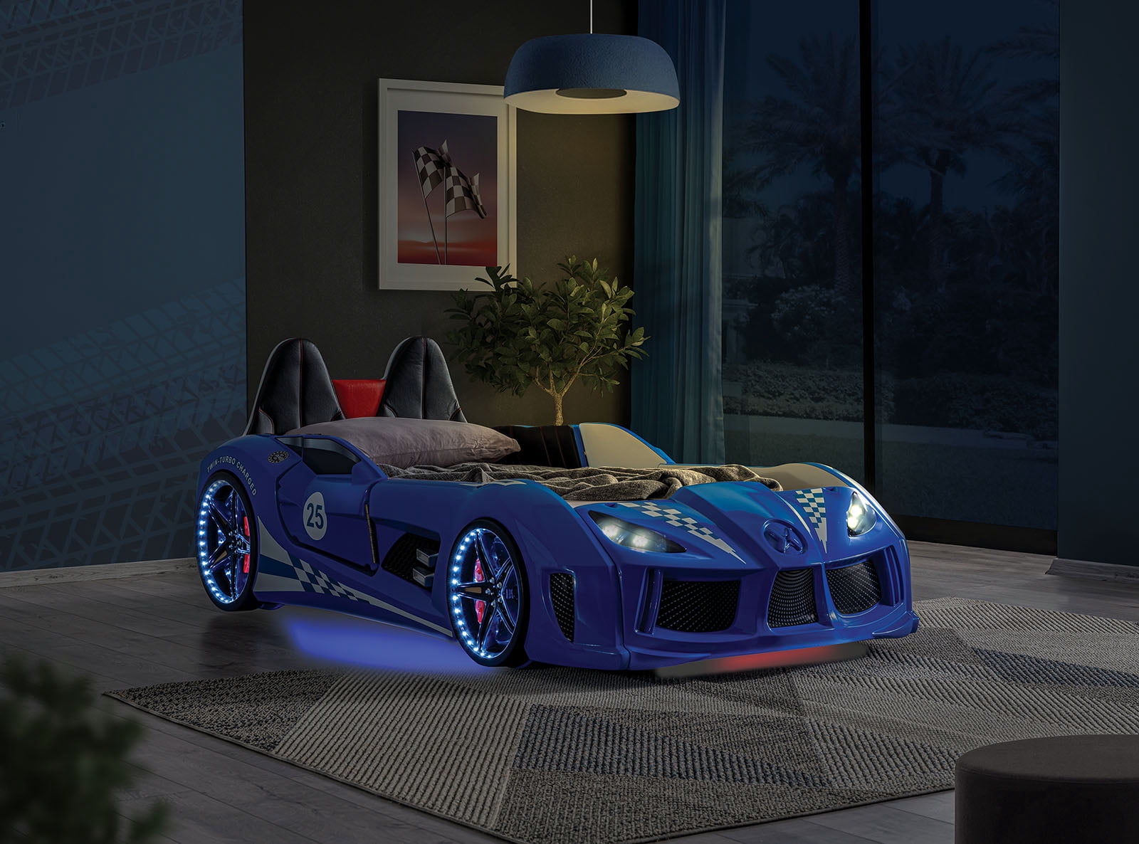 Twin Size Bed Race Car Design Modern Novelty Style Attached Two Magnetic Doors With LED Lights On Wheels Bottom Upholstery HB Blue Finish