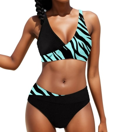 Sngxgn Women High Waisted Bikini Set Swimsuit Scoop Neck Cheeky Bathing Suit(Sky Blue XXL)