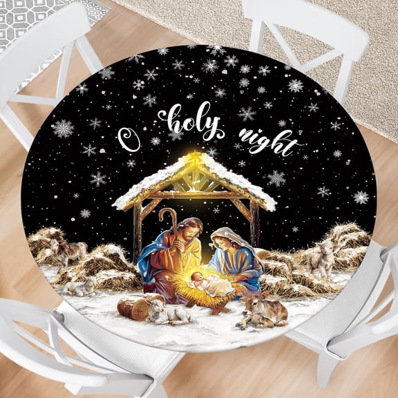 Christmas Round Fitted Tablecloth with Elastic Holy Nativity Outdoor Tablecloth Winter Waterproof Table Cover for Picnic Dinner Party Decor Fits 40"-44" Diameter Round Tables