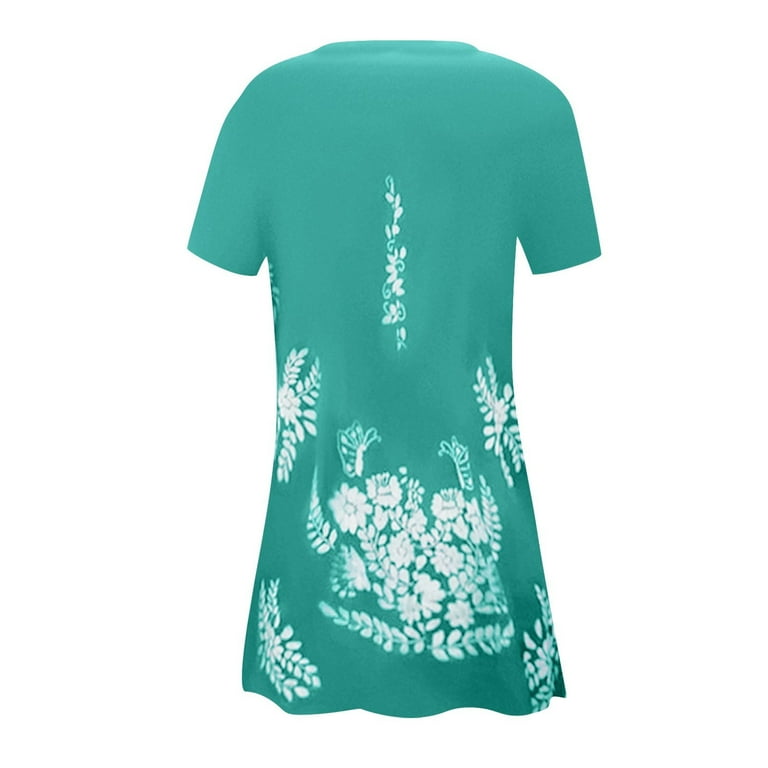 Jzuxvd Mexican Dress for Women Short Sleeve Floral Embroidered Fiesta Dress Loose Linen Peasant Dresses Cyan S