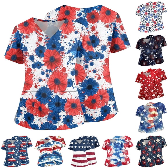Women's Scrubs Top - Floral 4th of July Print V-Neck Nursing Uniform with Pockets, USA 250th Anniversary Stretchy Short Sleeve Tunic Black L