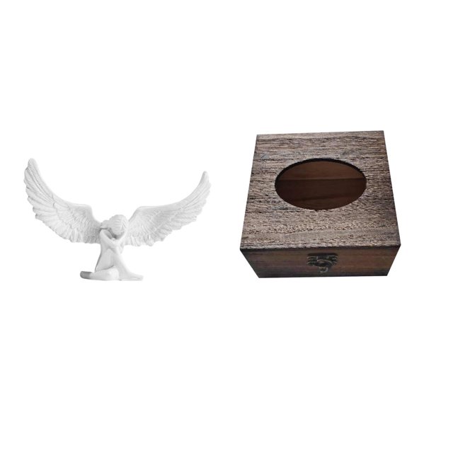 Escultura de ángel de resina con adorno alado y soporte de madera para caja de pañuelos para oficina, baño, hogar, estantería, pasillo, decoración de