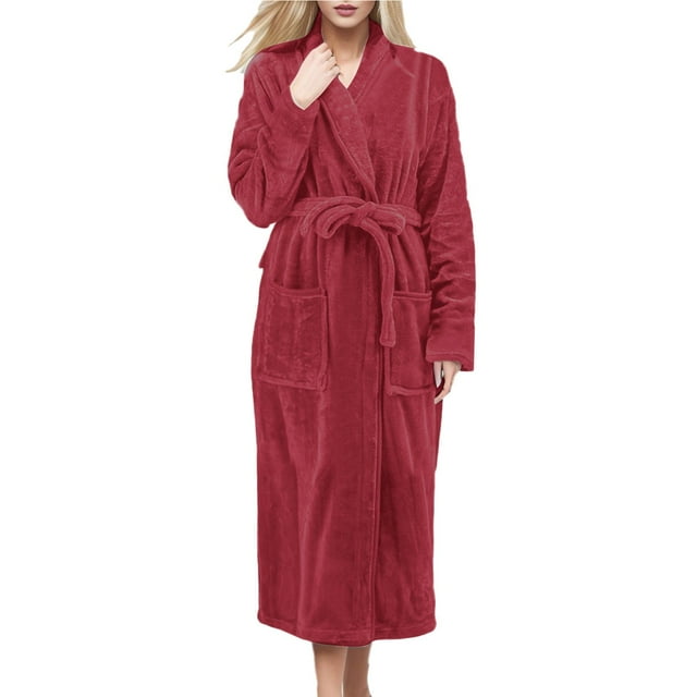Womens Plush Robe Soft Coral Fleece Long Bathrobe Plus Size Long Sleeve Cozy Warm Bathrobe with Pockets for Spa Winter