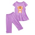 thumbnail image 2 of Odeerbi Kids Girls 2 Piece Outfits Ruffle Tops Capris Set Summer Clothes Floral Print Round Neck Short Sleeve Flying Sleeves Top Elastic Waist Cropped Pants Two-piece Set Purple, 2 of 5