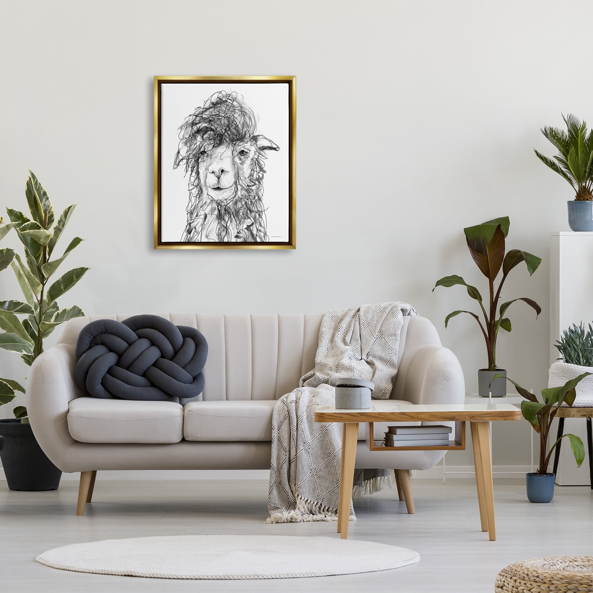 Stupell Industries Fluffy Hair Alpaca Llama Smiling Scribble Lines Drawing Print Metallic Gold Floating Framed Canvas Print Wall Art, Design by Kamdon Kreations