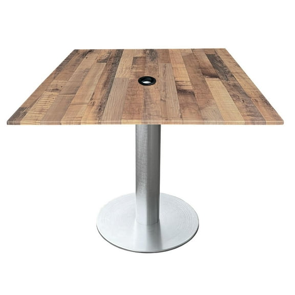Indoor/Outdoor 30" Tall OD219 Brushed Aluminum Table Base with 18" Diameter foot and 32" x 32" Square Indoor/Outdoor Rustic Top with Umbrella Hole