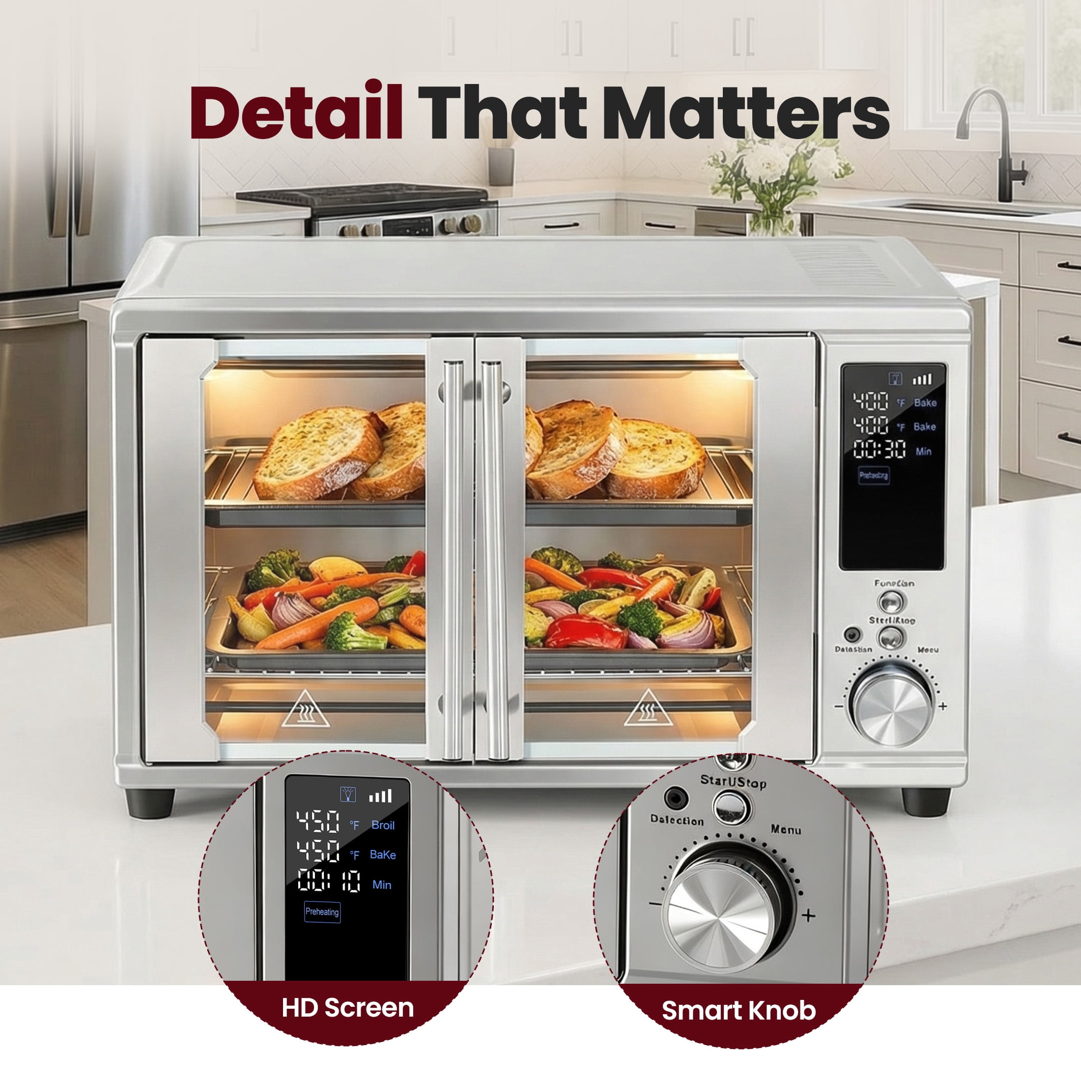 EDX 28L Silver Double-Door Air Fryer Oven, 4-in-1 Functions, 120V, 0-60min Timer, Free Tray & Rack & Tongs, Household Kitchen Use