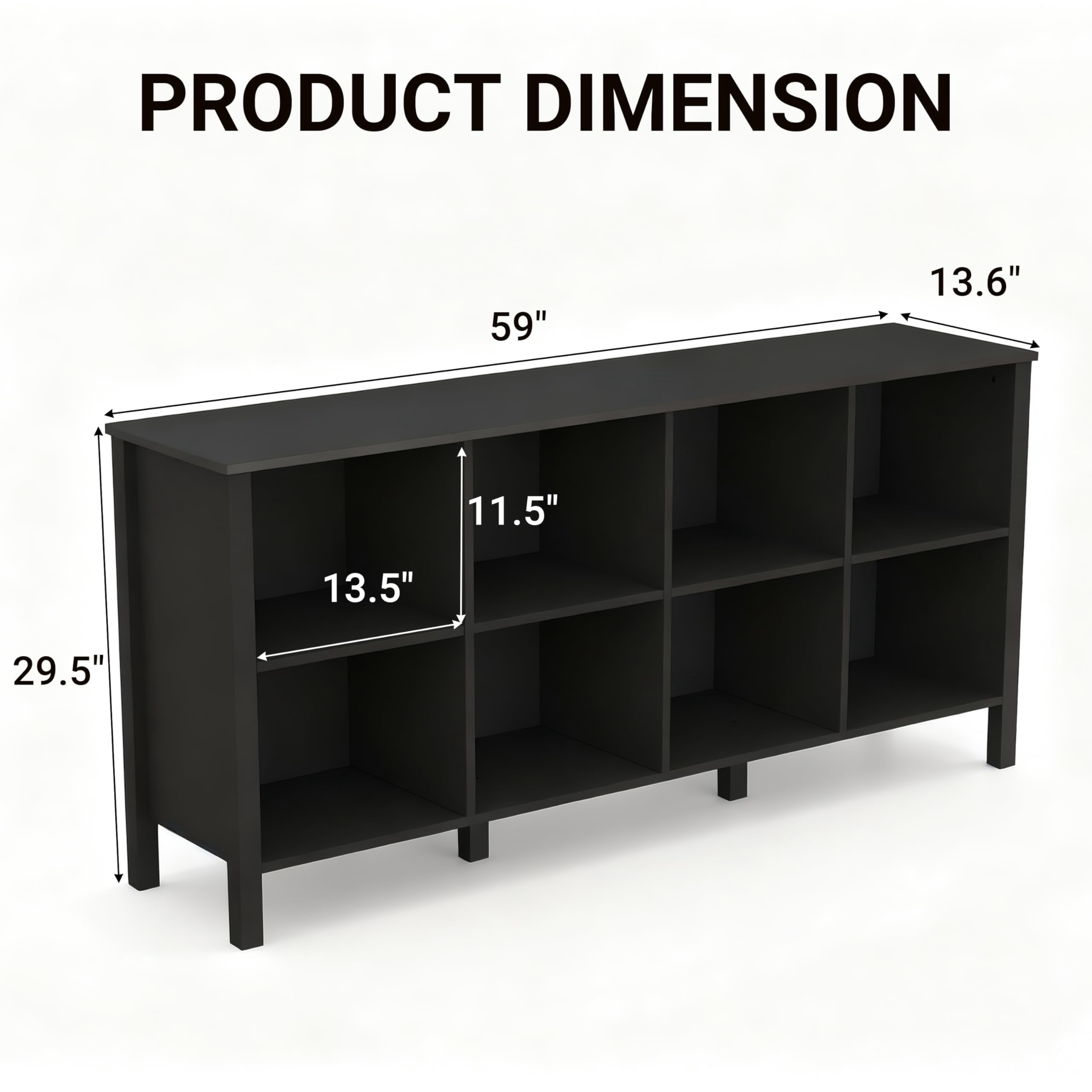NEWADARA 8-Cube Bookcase, Farmhouse Wooden Bookshelf Low Storage Organizer, 59" Horizontal Black Console with Legs, Hallway Book Case for Entryway, Display Cabinet for Living Room (Black, 8-Cube)