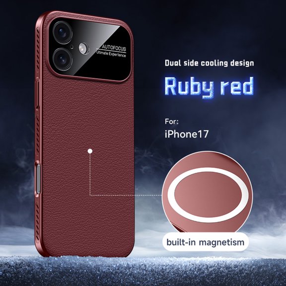 for iPhone 17 Magnetic Case Heat Dissipation Hard Bumper Slim Anti-Scratch Protective Phone Cover Luxury PU Leather Support Wireless Charging for iPhone 17, Winered