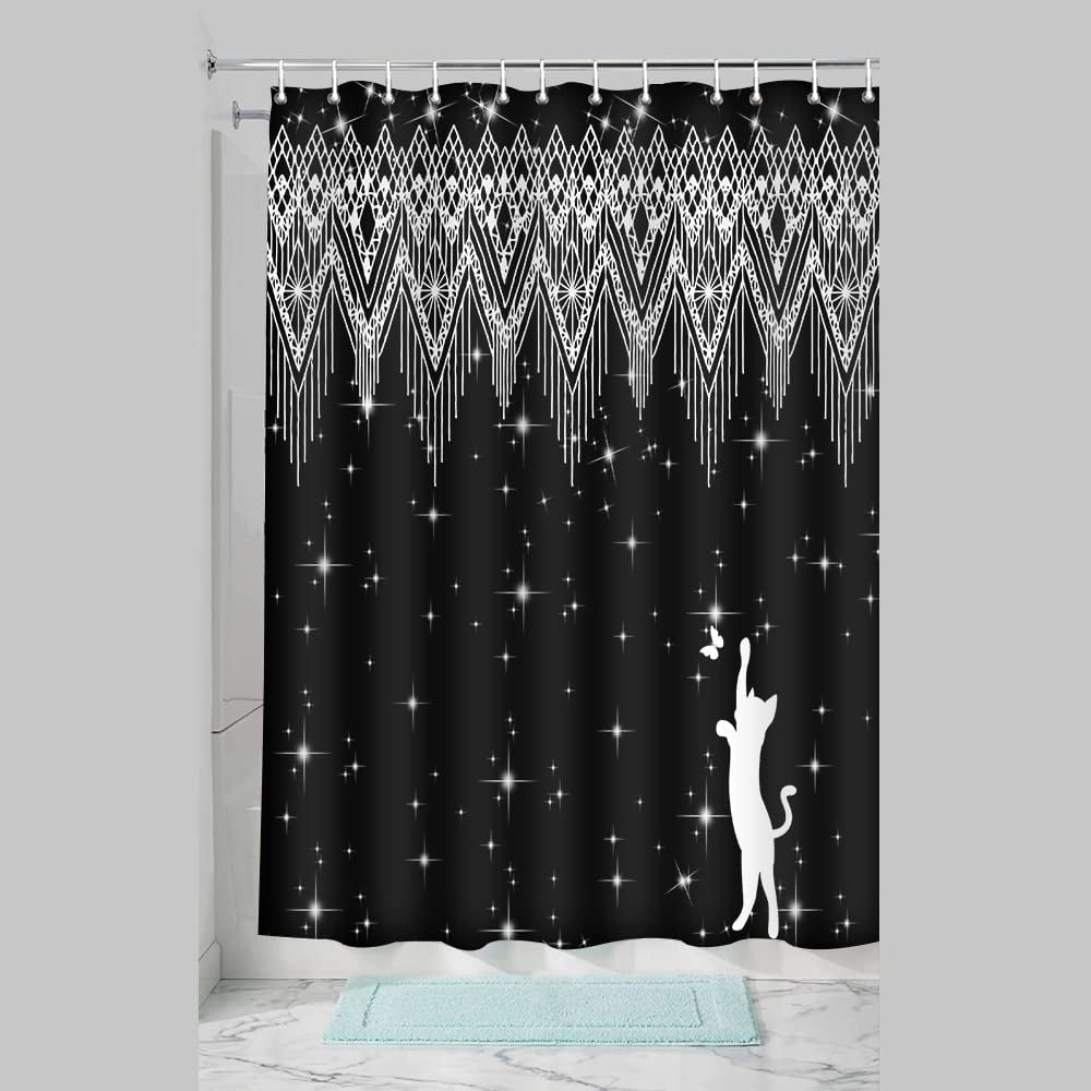 Glitter Stall Bath Shower Curtain Black Bobo Fringe Geometric Bathroom Curtain Water-Repellent Fabric with Hook Size 36"x72" Shower Curtains for Home Bathtubs Decoration